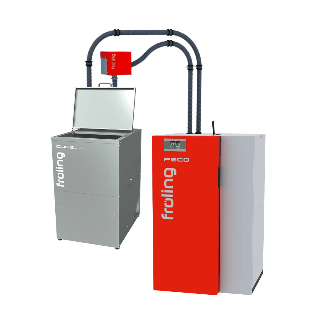 Pack chaudière à granulés PECO 15 kW avec silo Cube 500 S et flexible d’aspiration 12,5 m