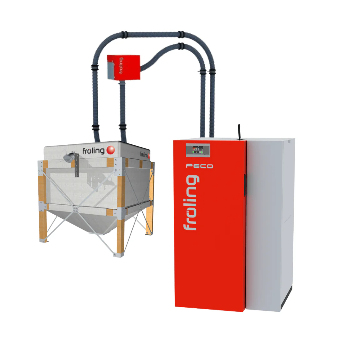 Chaudière à granulés PECO 15 kW avec silo textile 10 et flexible d’aspiration 12,5 m