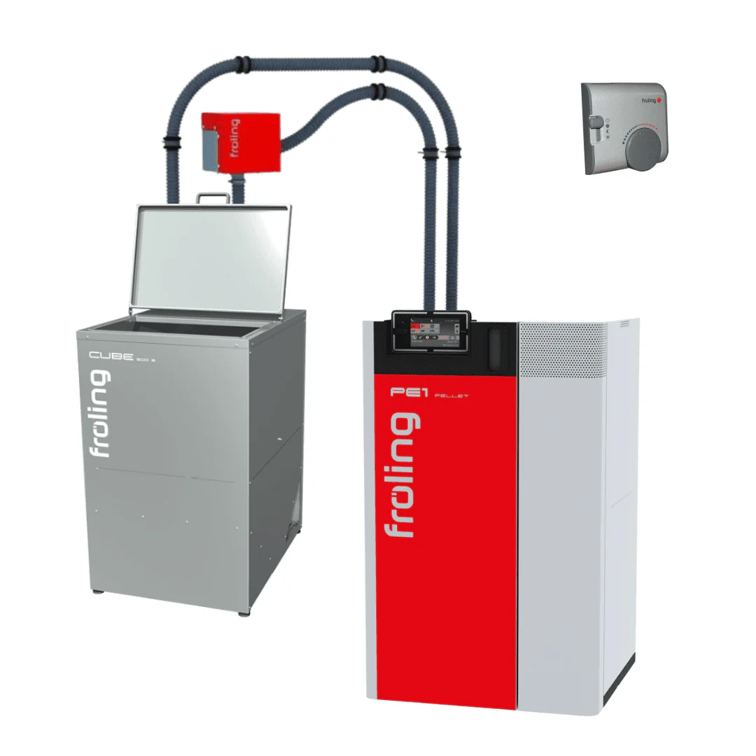 Pack chaudière à granulés PE1 15 kW avec silo Cube 500 S + flexible d’aspiration 12,5 m + sonde d'ambiance