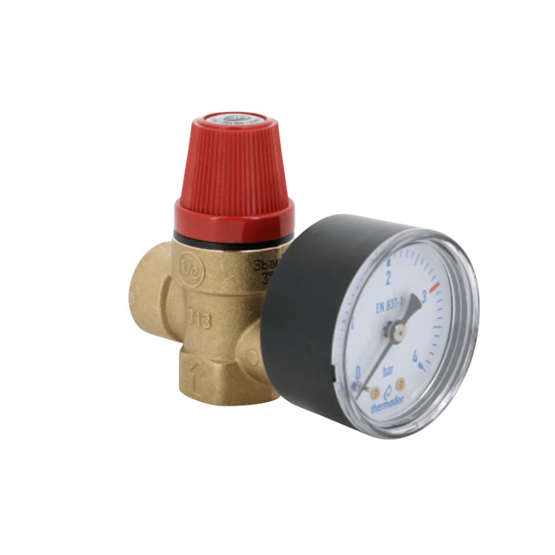 Soupape de sûreté NF avec manomètre 1/2'' FF - 3 bar 100 Kw